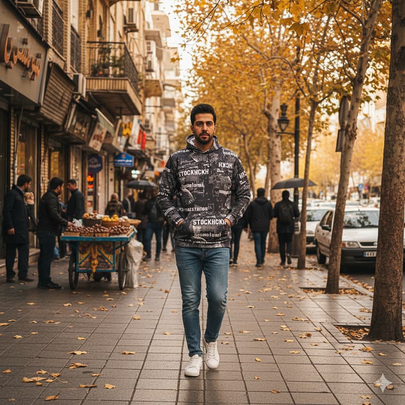 هودی طرحدار مردانه مشکی مدل stock