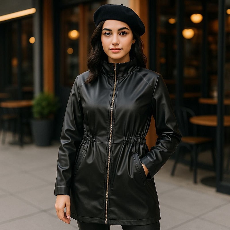 بارونی چرم مشکی زنانه مدل Beti